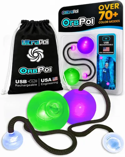 Vista 9 de OrbPoi - Juego Orb Poi con manijas de perilla no LED, bolas LED de contacto recargables por USB, con más de 30 modos de color y patrones