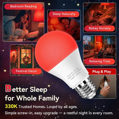 Vista 6 de Neporal Bombillas de Luz Roja de 625nm 3W para Dormir, Bombillas de Bloqueo 100% de Luz Azul para Promover la Melatonina, Bombilla LED A19