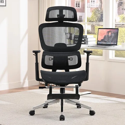 Vista 2 de Silla de oficina ergonómica, silla de escritorio de malla para el hogar, cómoda silla de juegos con reposapiés, ruedas, reposacabezas 2D ajustable