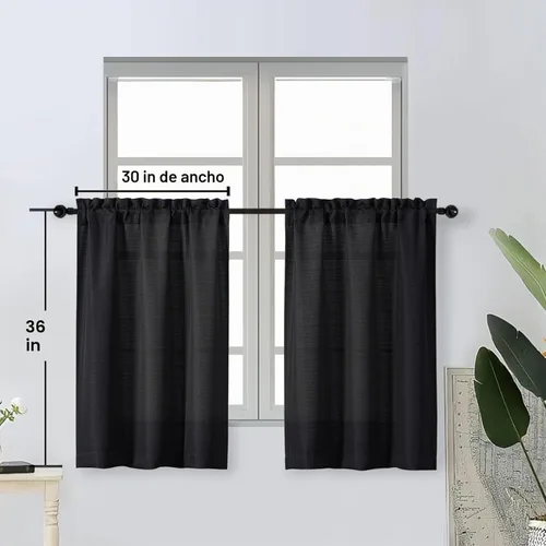 Vista 4 de OWENIE Bob Juego de 2 Paneles de Cortinas Negras de Cocina para Ventanas de 36 Pulgadas de Largo, Cortinas Cortas de Café con Textura de Lino