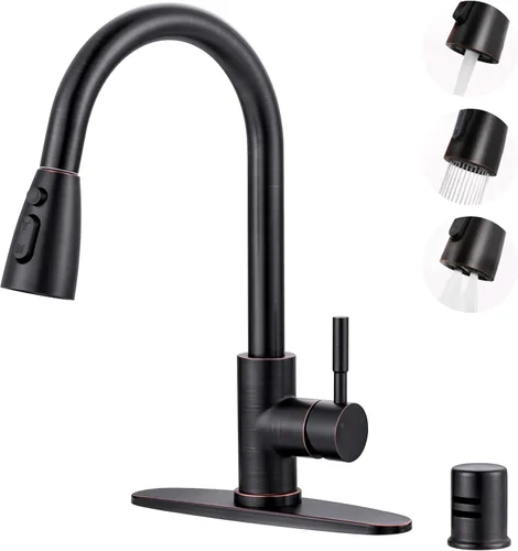 Vista 21 de WOWOW Grifo de cocina con rociador, grifo de fregadero de cocina, acero inoxidable SUS 304, grifo de cocina de níquel cepillado de arco alto
