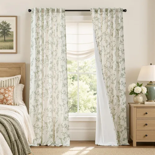 Vista 22 de Lazzzy Cortinas de lino floral verde con bolsillo para barra de granja, 50 Charlotte Verde