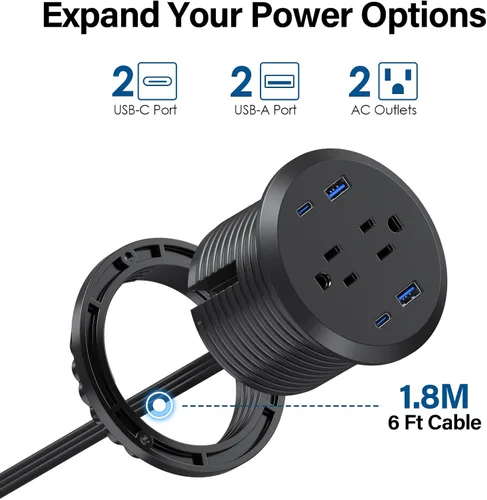 Vista 2 de Ojal de alimentación de escritorio, estación de carga rápida USB C de 65 W, 2 salidas de CA, 4 puertos USB en la parte superior de tu escritorio
