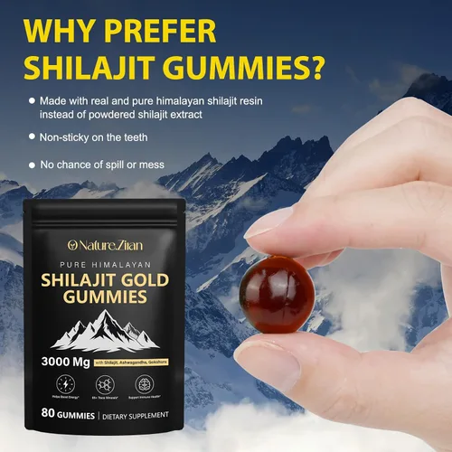 Vista 9 de O NATURE . ZIRAN Gomitas Shilajit para hombres y mujeres, gomitas de oro Shilajit ricas en Ashwagandha, Gokshura con más de 85 minerales, sabor