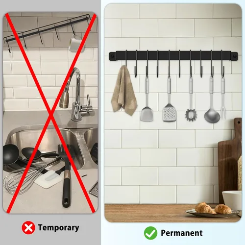 Vista 4 de Colgador de cocina montado en la pared con 10 ganchos, riel de cocina de hierro forjado, estante para utensilios, ollas colgantes, sartenes, taza