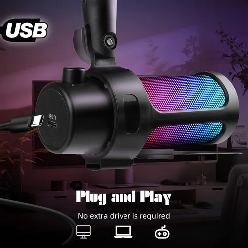 Vista 3 de VCOM Micrófono USB para juegos, micrófono de brazo dinámico de condensador para podcasting, transmisión, con soporte de brazo de brazo, silencio