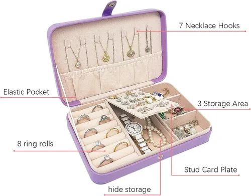 Vista 3 de Joyero de viaje, mini organizador portátil con cremallera, de piel sintética sintética, pequeñas cajas de almacenamiento para anillos, aretes