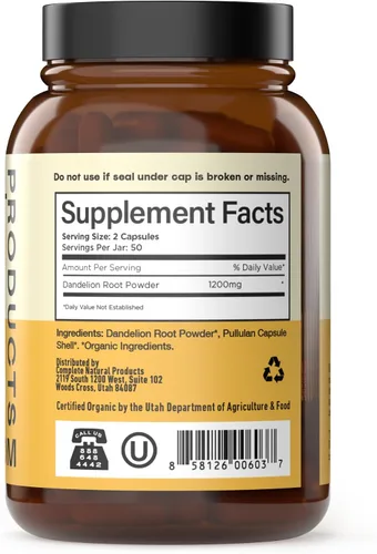 Vista 3 de Complete Natural Products Cápsulas de raíz de diente de león puras y orgánicas - Cápsulas de 600 mg 100 píldoras Raíz de diente de león seca