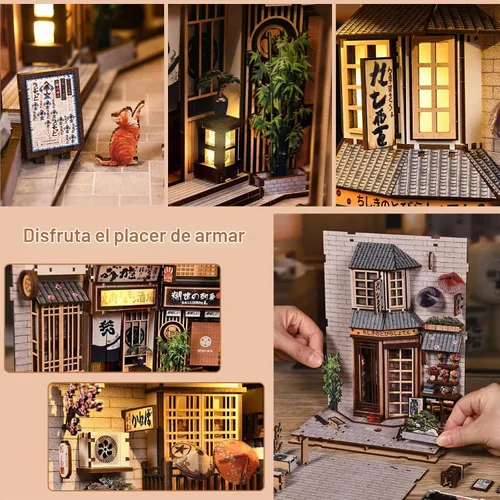 Vista 5 de Kit de rincón de libros, rompecabezas de madera 3D con luz LED, modelo de casa en miniatura de callejón callejón japonés, decoración creativa