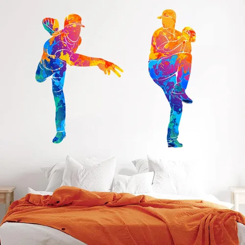 Vista 6 de Calcomanías coloridas para pared de jugador de béisbol, calcomanías temáticas deportivas para niños, adolescentes, habitación, sala