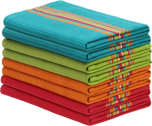 Vista 11 de Cotton Craft - Paquete de 12 paños de cocina con rayas salsa multicolores 100 por ciento naturales, de 16" x 28" 16x28 inch Multi - Absorbent