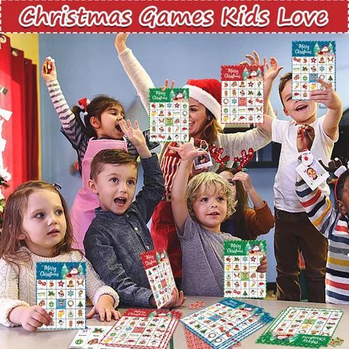 Vista 5 de VESPRO 46 tarjetas de juego de bingo de Navidad para 30 jugadores, juegos de fiesta de Navidad para niños, actividades en el aula