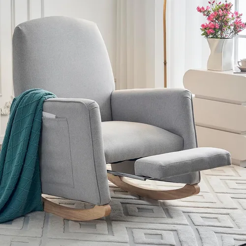 Vista 10 de Mecedora moderna para guardería, cómoda silla de guardería con reposapiés, mecedora tapizada con bolsillo, sillón de lectura con base de madera