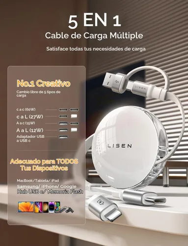 Vista 2 de LISEN 5 en 1 Cable retráctil 60W Cable de carga múltiple para múltiples dispositivos Puertos USB-C/A/L, cargadores retráctiles para iPhone