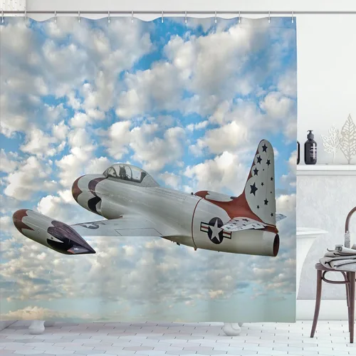 Vista 34 de Ambesonne Cortina de ducha de gaviotas, cielo nublado y gaviota voladora, imagen de meteorología de paisaje nublado, juego de decoración de baño