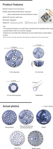 Vista 7 de Juego de vajilla de porcelana azul y blanca Gegong, platos, tazón, cuchara, palillos, servicio para 1, juego de cerámica con glaseado colorido