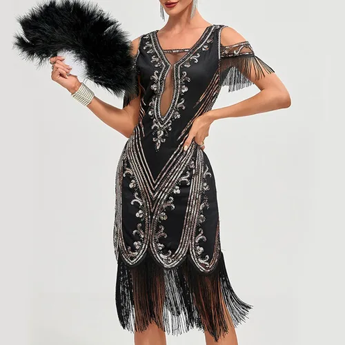 Vista 3 de Divhosrg Plus Size Cocktail Dress Party Sexy Dress Fashion Solid Color Sequin Fringe Dress Prom Dresses for Women 2023