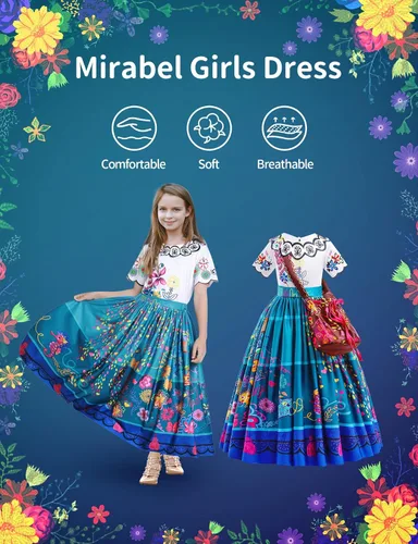 Vista 6 de Ainvliya Mirabel Dress Encanto for Kids Isabella Encanto Costume Halloween Cosplay Princess Dress Up With Bags Earrings