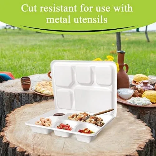 Vista 6 de three leaf Bandeja de Bagazo de 6 Compartimentos Resistente - Súper Fuerte - Natural - Ecológica Platos Desechables de Bagazo, 100% Biodegradables