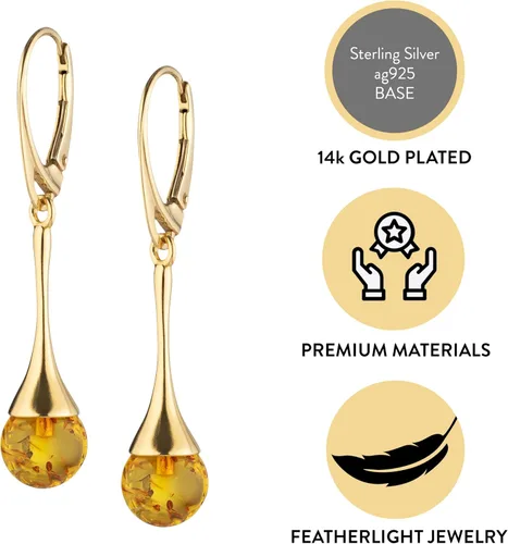 Vista 3 de Aretes de ámbar para mujer - Cuenta de bola con plata esterlina ag925 chapada en oro, cierre seguro con cierre de palanca en la parte trasera