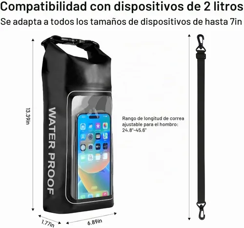 Vista 7 de Bolsa seca impermeable de 2 litros, funda enrollable para teléfono de playa, bolsa seca ligera para natación, kayak, campamento, pesca, viajes, Verde