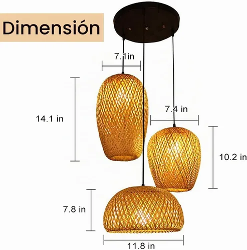 Vista 3 de Lámparas de Bambú, 3 Luces E26 E27 Candelabro Retro Rústico de Bambú Mimbre Ratán Lámpara Colgante de Techo para Sala de Estar Dormitorio Casa