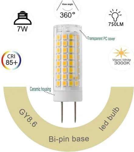 Vista 6 de Bombilla LED G8, repuesto de bombilla halógena de 75 W, regulable 7 W, 750 lúmenes, CA 120 V, base bipin GY8.6/G8, blanco cálido 3000 K para luz