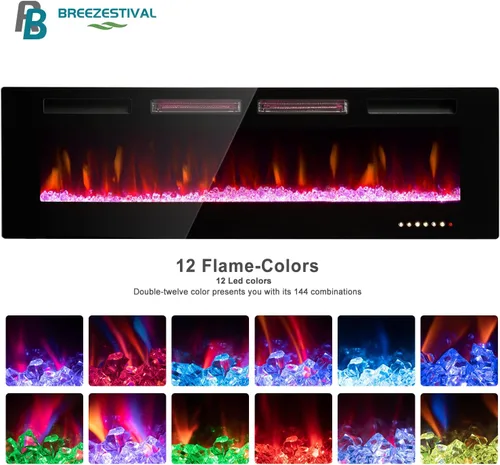 Vista 2 de Chimenea eléctrica empotrada y montada en la pared con llama de 12 colores, control remoto de pantalla táctil, juego de registro y cristal