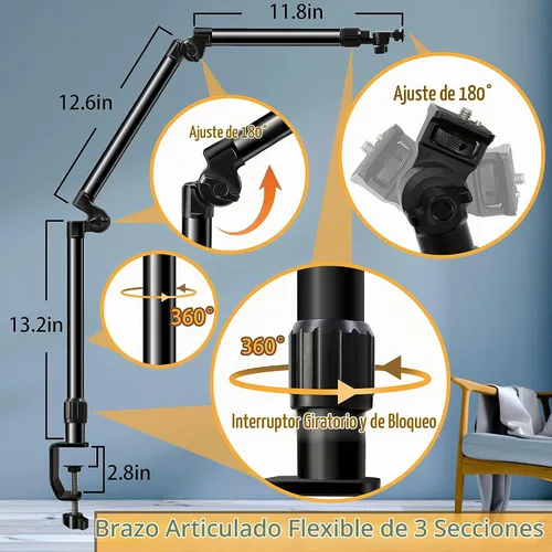 Vista 2 de Soporte de escritorio de montaje para cámara, rodamiento de 18 libras, base y parte superior ajustable en 360°, con tornillo de 1/4 "3/8" 5/8