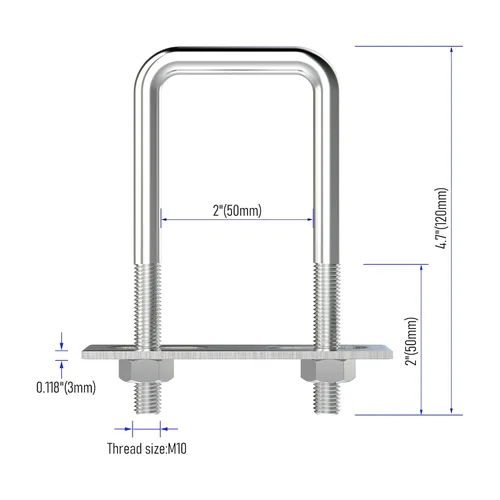 Vista 2 de Pernos en U cuadrados de acero inoxidable 304 de 2" (50 mm) de ancho interno, 4.72" (120 mm) de longitud, M10 con tuercas, placa de marco