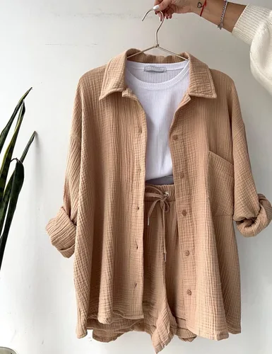 Vista 4 de ELLENWELL Conjunto de 2 piezas para mujer, conjunto de ropa de descanso de manga larga con botones y pantalones cortos