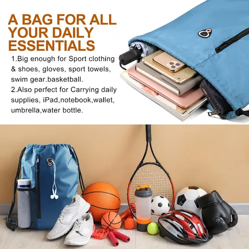Vista 3 de Mochila con cordón, con estilo deportivo, bolsa de gimnasio para mujeres, hombres y niños, bolsa de gran tamaño con zíper y bolsillos de malla