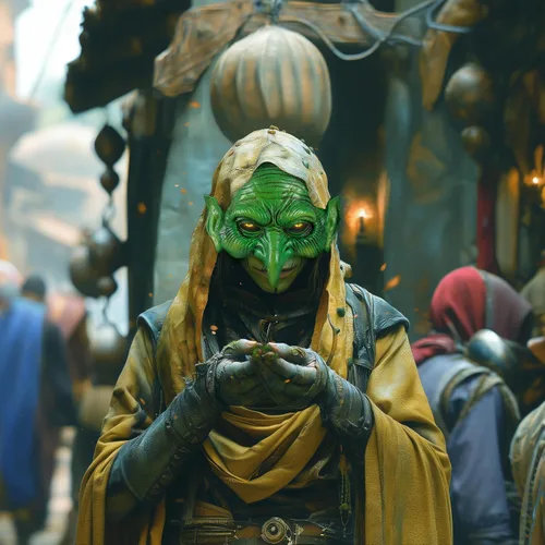 Vista 5 de VZQI Máscara de duende verde, máscara de bruja de Halloween, disfraz de cosplay de zombi aterrador de media cara
