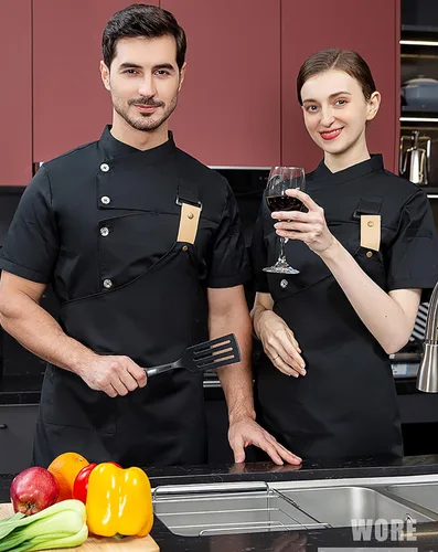 Vista 4 de Chaqueta de chef de moda para hombre, transpirable, transpirable, con ventilación oculta, uniforme de chef (abrigo+delantal)