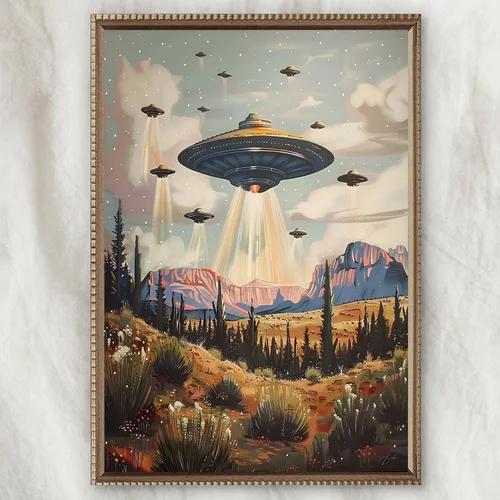 Vista 15 de JCSMHVLA Lienzo retro OVNI para pared, arte extraterrestre, regalos de arte para dormitorio, baño, pared, decoración del hogar, fotos retro de OVNI