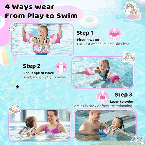 Vista 6 de Vvinca Chaleco de natación separable para niños pequeños de 22 a 66 libras (1 a 6 años) Flotador de piscina 3 en 1 y bandas de brazo para niños