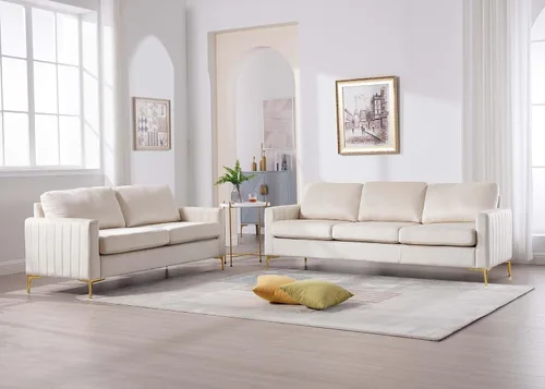 Vista 5 de Sofá de 65 pulgadas blanco para espacios pequeños, moderno y cómodo tapizado de 2 plazas de terciopelo copetudo para sala de estar, dormitorio