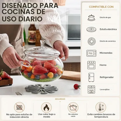 Vista 6 de Olla de vidrio de borosilicato, cacerola de 2.5 cuartos con tapa, apta para microondas, estufa y lavavajillas