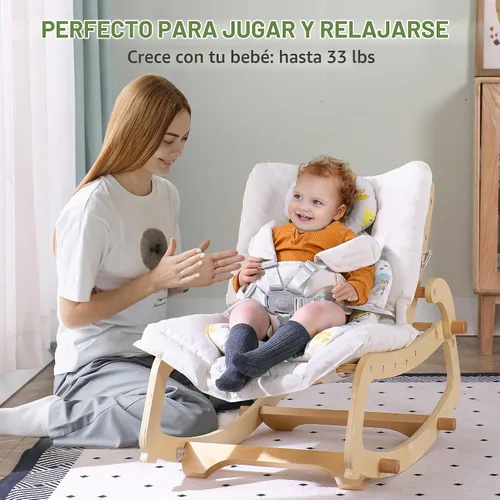 Vista 4 de MallBest Silla mecedora 3 en 1 para bebé con cojines dobles, para 0-12 meses, balancín de madera ajustable para bebés con cojín extraíble y arnés