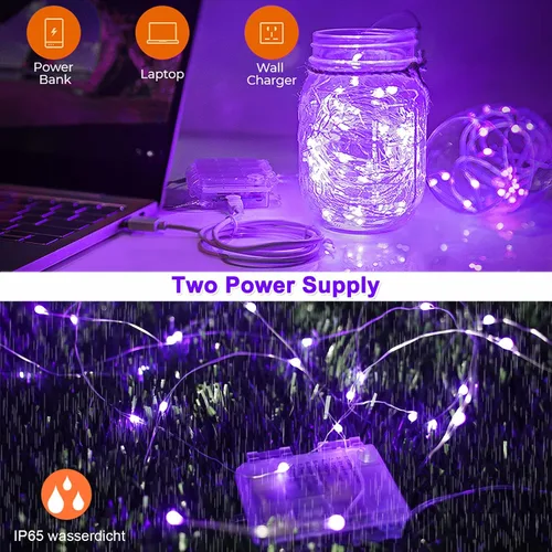 Vista 2 de Paquete de 2 luces negras UV, funciona con pilas, 16.4 pies 2835 luces LED UV, 8 modos, luces negras flexibles, luces de hadas con control remoto