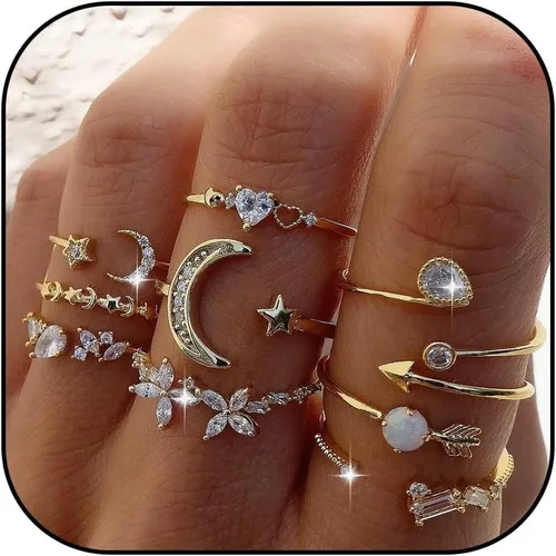 Vista 13 de Anillos Apilables de Oro para Mujeres Rellenos de Medias Navideñas para Adolescentes Conjunto de Anillos de Hoja de Perla Circonita Cúbica Corazón A