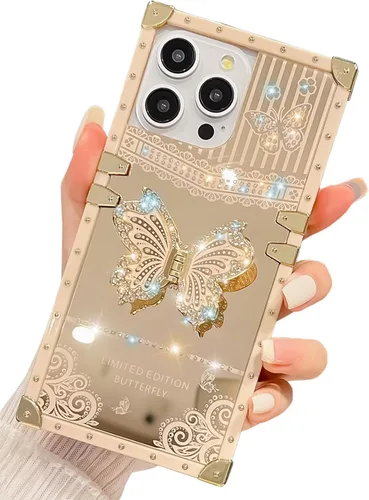 Vista 19 de Funda Rectangular de Lujo Femenina Compatible con iPhone 16 Pro Max Diseñada con Soporte de Anillo de Diamante con Función de Atril