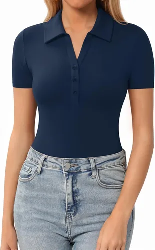 Vista 6 de HERLOLLYCHIPS Womens Short Sleeve Tops V Neck Button Down Collared Fitted Shirts