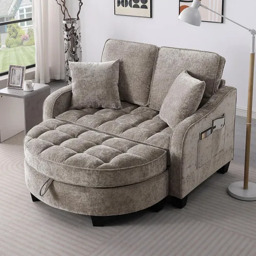 Vista 10 de Moderno sofá doble Chaise Longue con reposabrazos y respaldos irregulares, reposapiés con espacio de almacenamiento, sofá cama para sala de estar