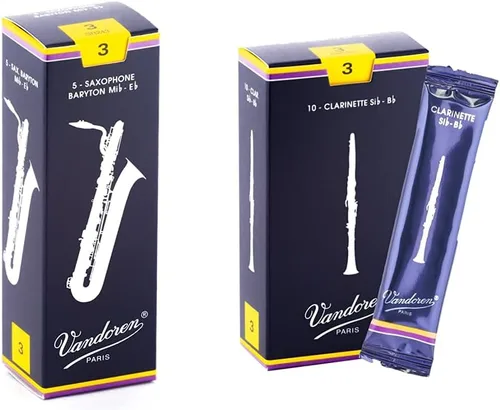 Vista 12 de Vandoren SR242 para saxofón barítono y SR222 para saxofón tenor, cañas tradicionales, fuerza 2; caja de 5
