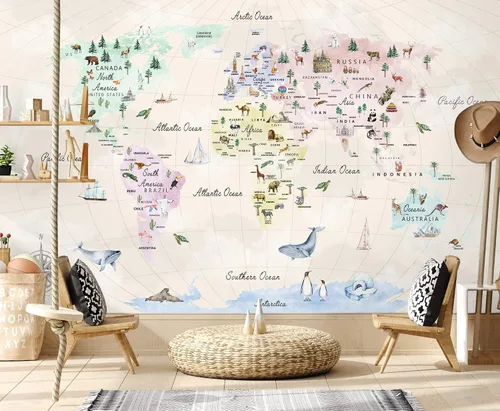 Vista 2 de Murwall Papel pintado para niños con mapa del mundo educativo para niños