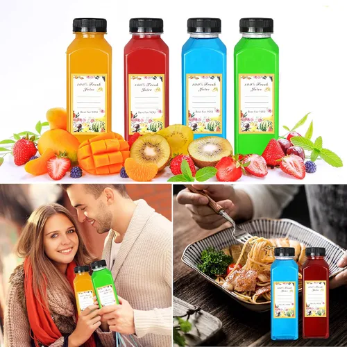 Vista 6 de DANALLAN 24 botellas vacías de jugo de 12 onzas con tapas, botellas de plástico reutilizables de primera calidad, contenedor de jugo, tapas negras