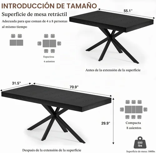 Vista 2 de Mesa de comedor extensible para mesa de cocina de 4, 6, 8,55 a 70 pulgadas, color negro