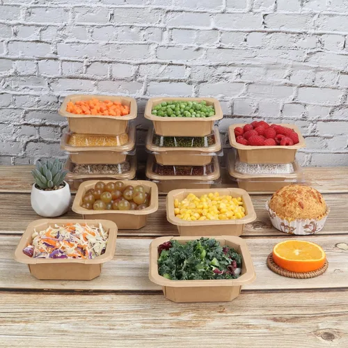 Vista 4 de Tazones de papel kraft desechables de 10 onzas con tapas, contenedor de alimentos, paquete de 50