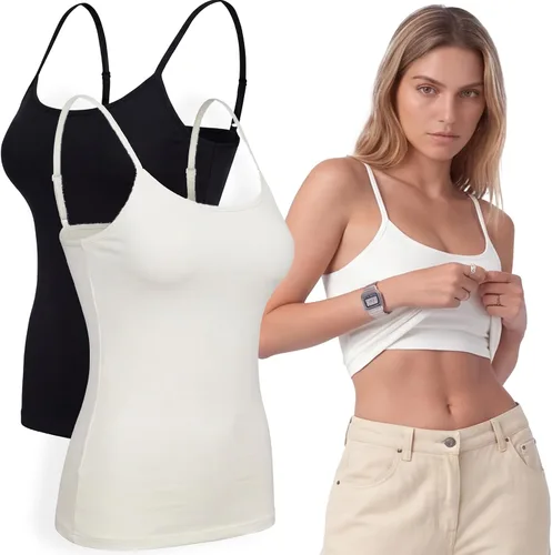 Vista 74 de Emmalise Camiseta de mujer con brasier integrado, soporte de tela sin varillas, camisola corta